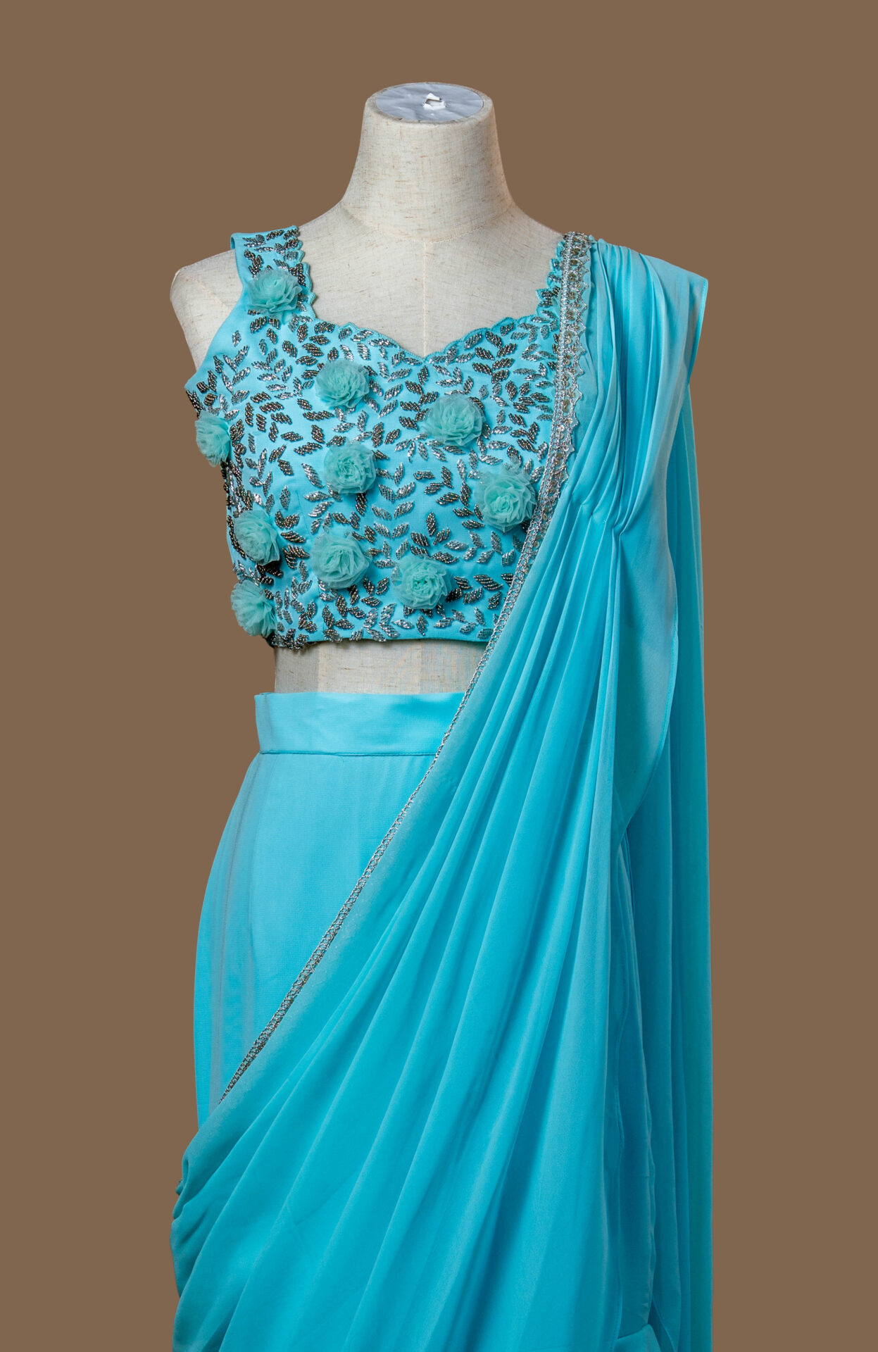 Turquoise Ruffle Skirt and 3D Floral Saree Gown