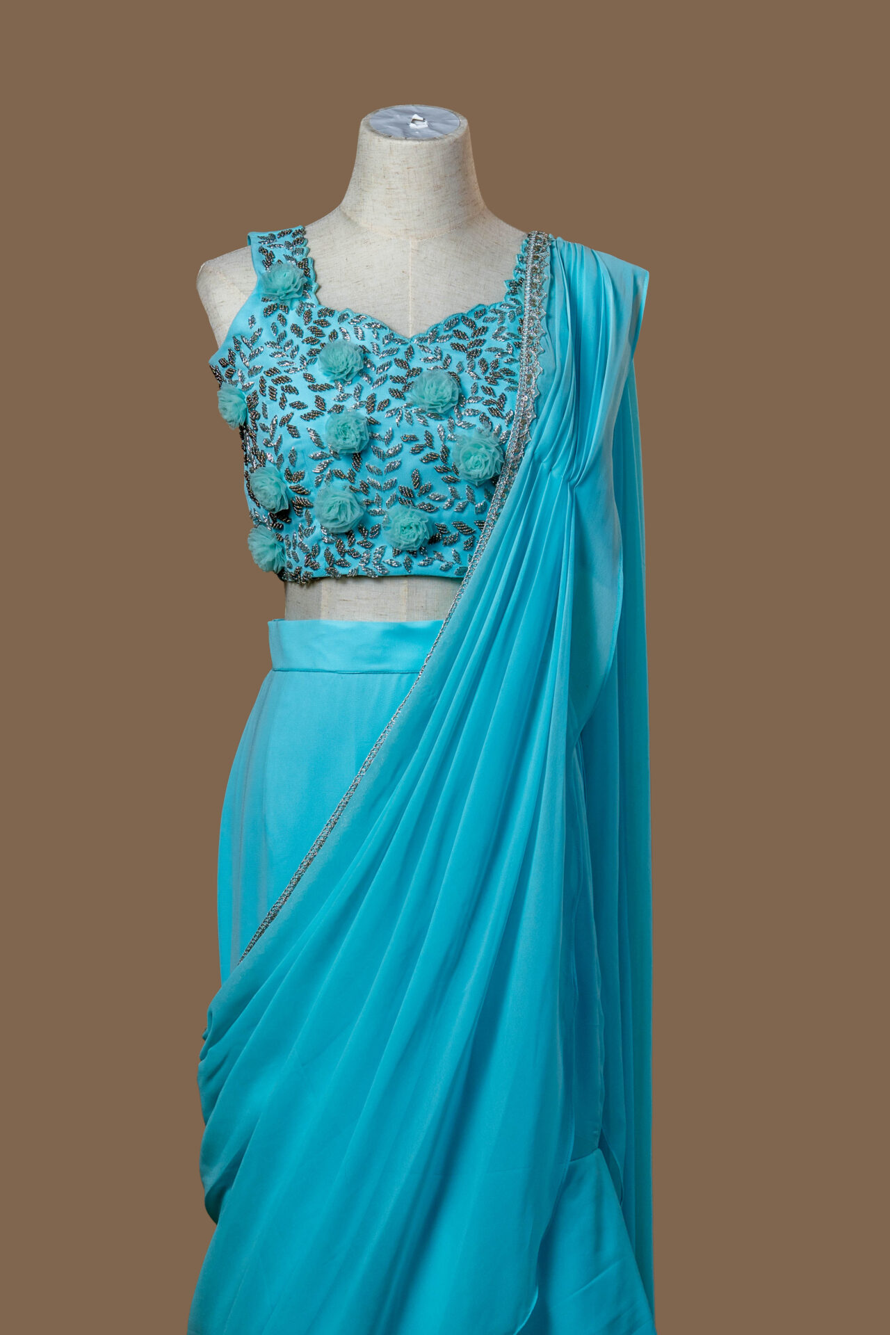 Turquoise Ruffle Skirt and 3D Floral Saree Gown - Image 2