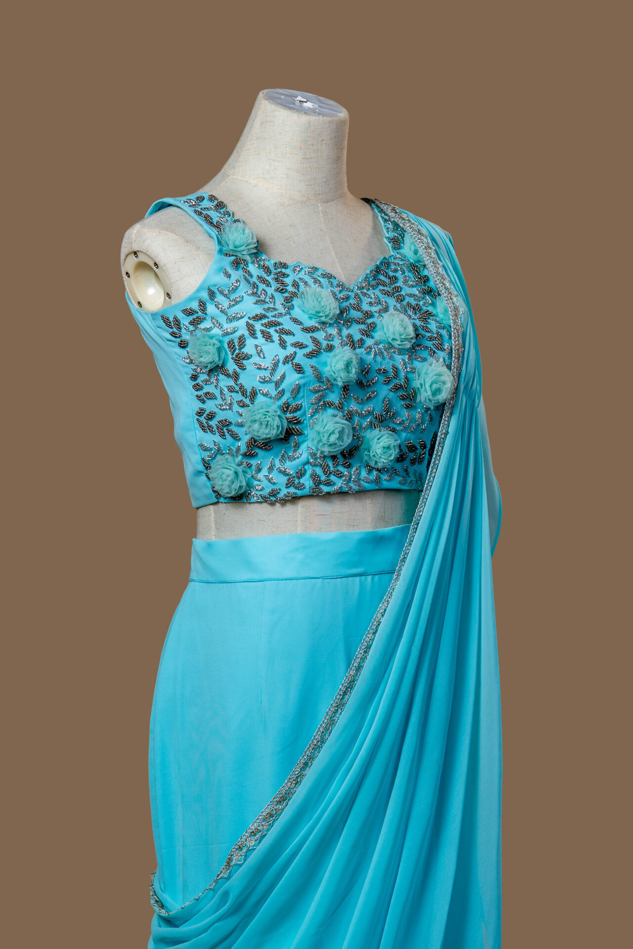 Turquoise Ruffle Skirt and 3D Floral Saree Gown - Image 3