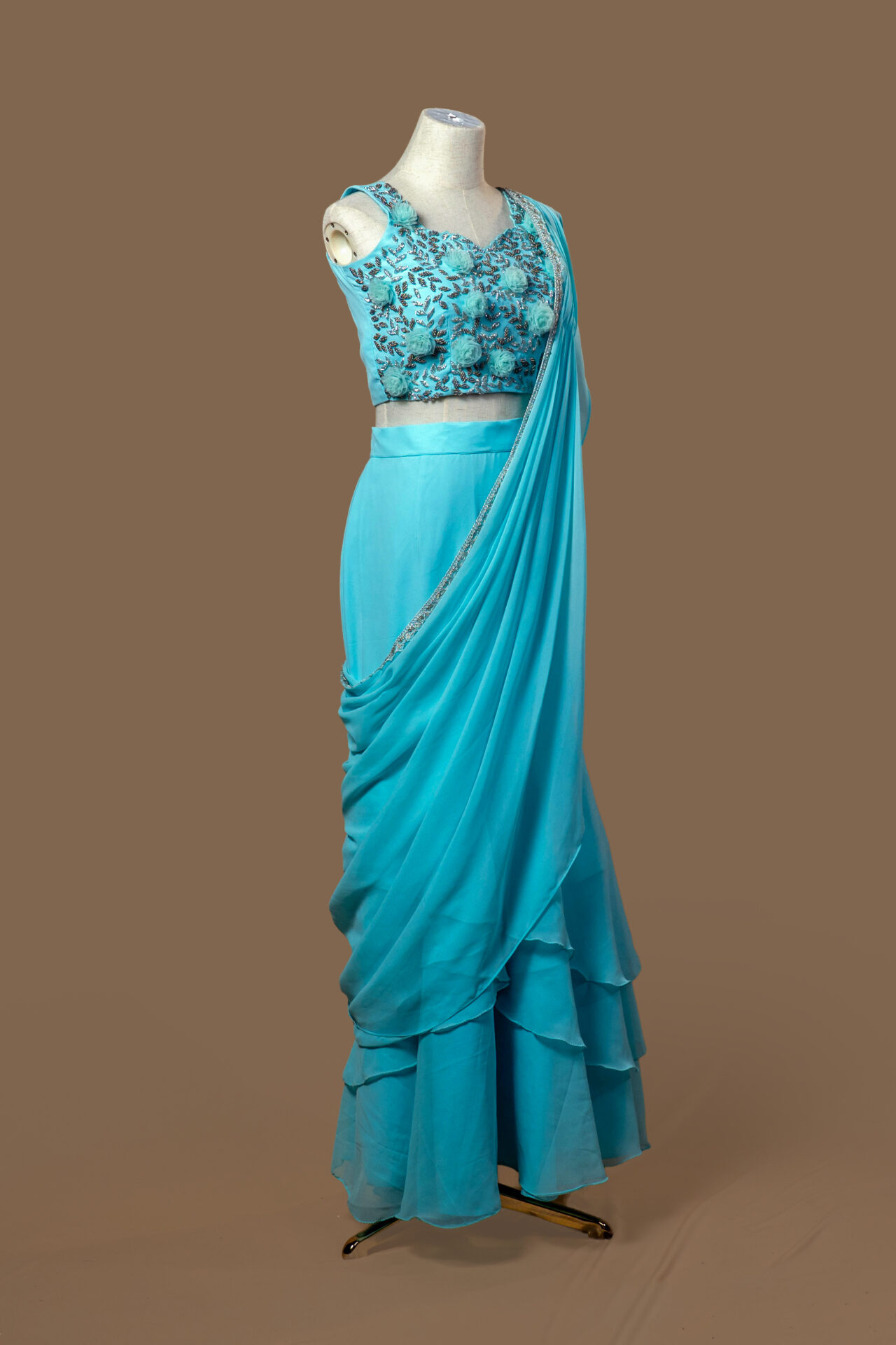 Turquoise Ruffle Skirt and 3D Floral Saree Gown - Image 4