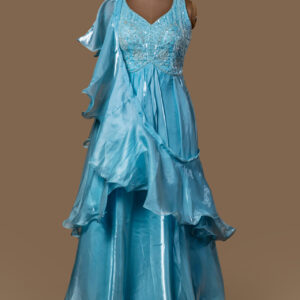 Aqua Blue Tiered Ruffle Gown with Sequined Bodice
