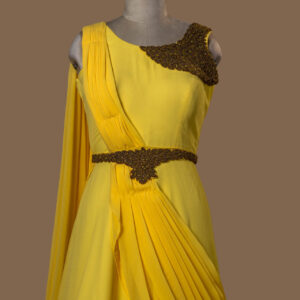 Sun Yellow Pleated Dress with Beaded Brooch Belt