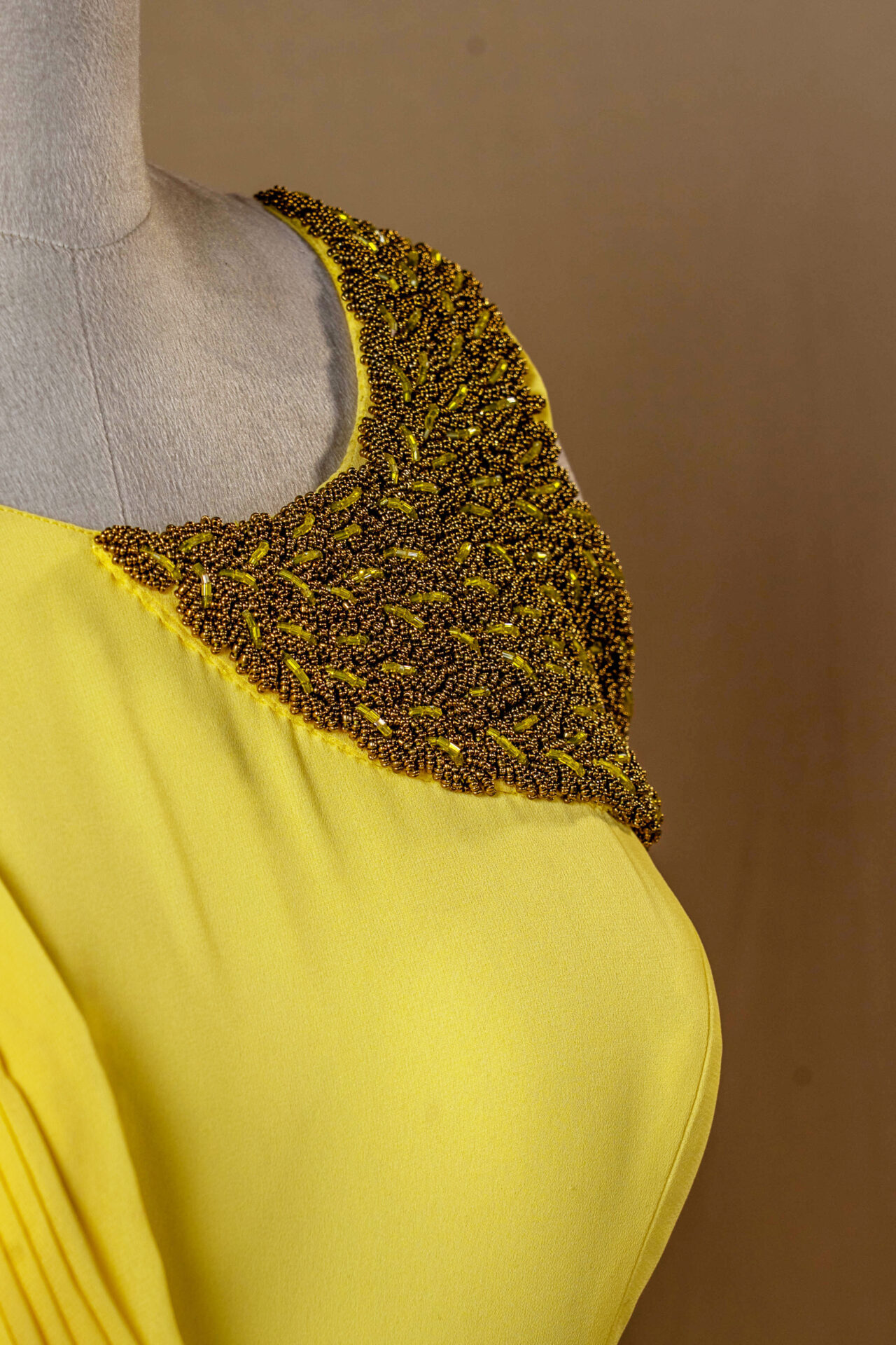 Sun Yellow Pleated Dress with Beaded Brooch Belt - Image 3