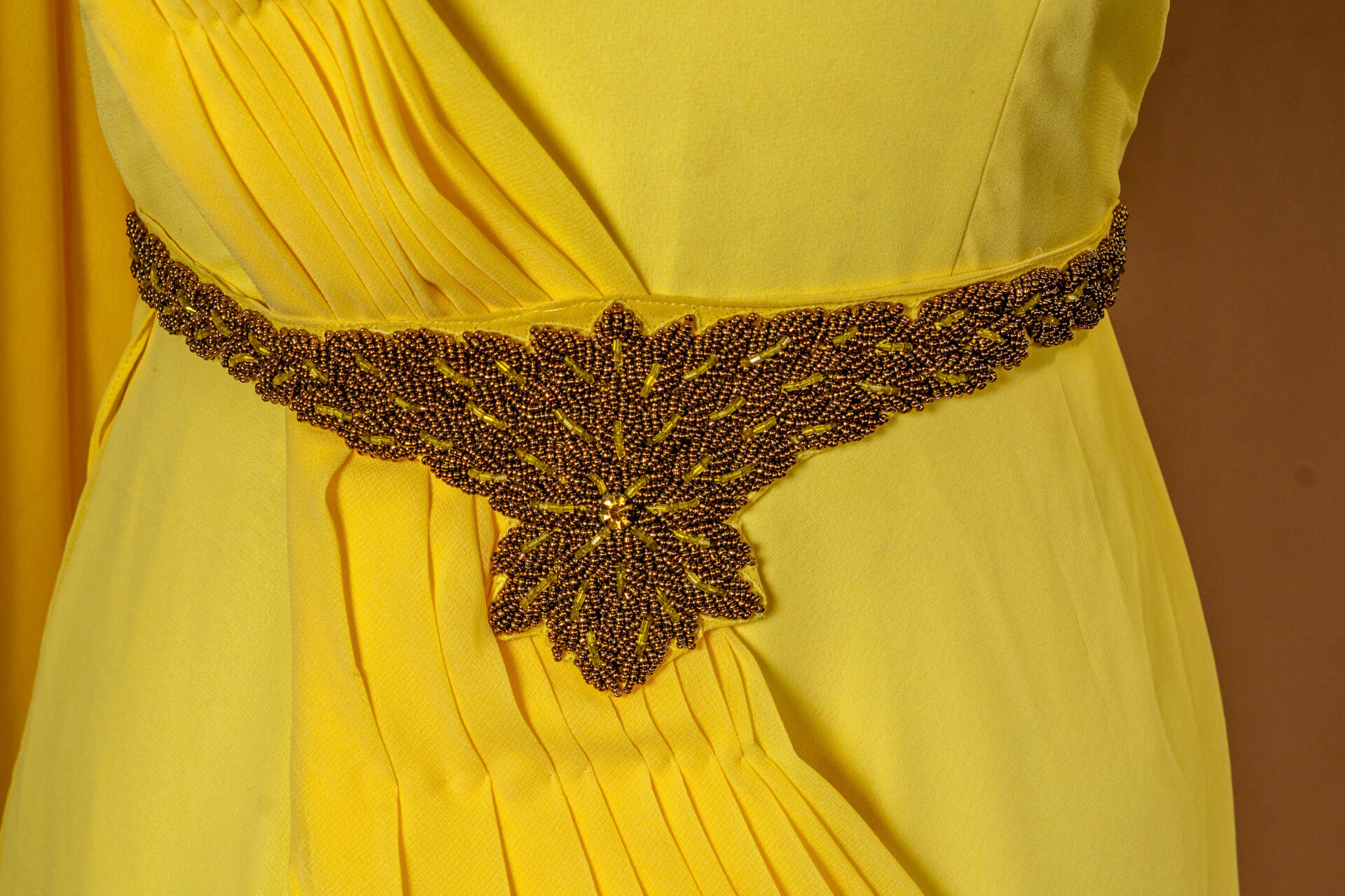 Sun Yellow Pleated Dress with Beaded Brooch Belt - Image 5