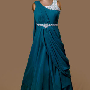 Elegant Teal Draped Gown with Embroidered Shoulder and Waist Belt
