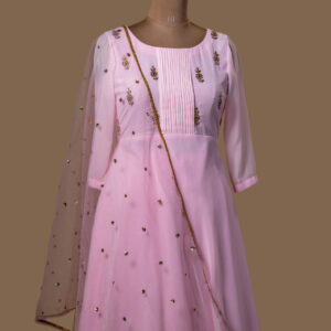 Baby Pink Anarkali-Style Gown with Pleated Yoke and Sequin Embellishments