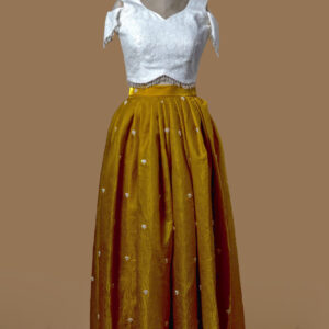 Mustard Yellow Silk Skirt and White Off-Shoulder Crop Top Ensemble