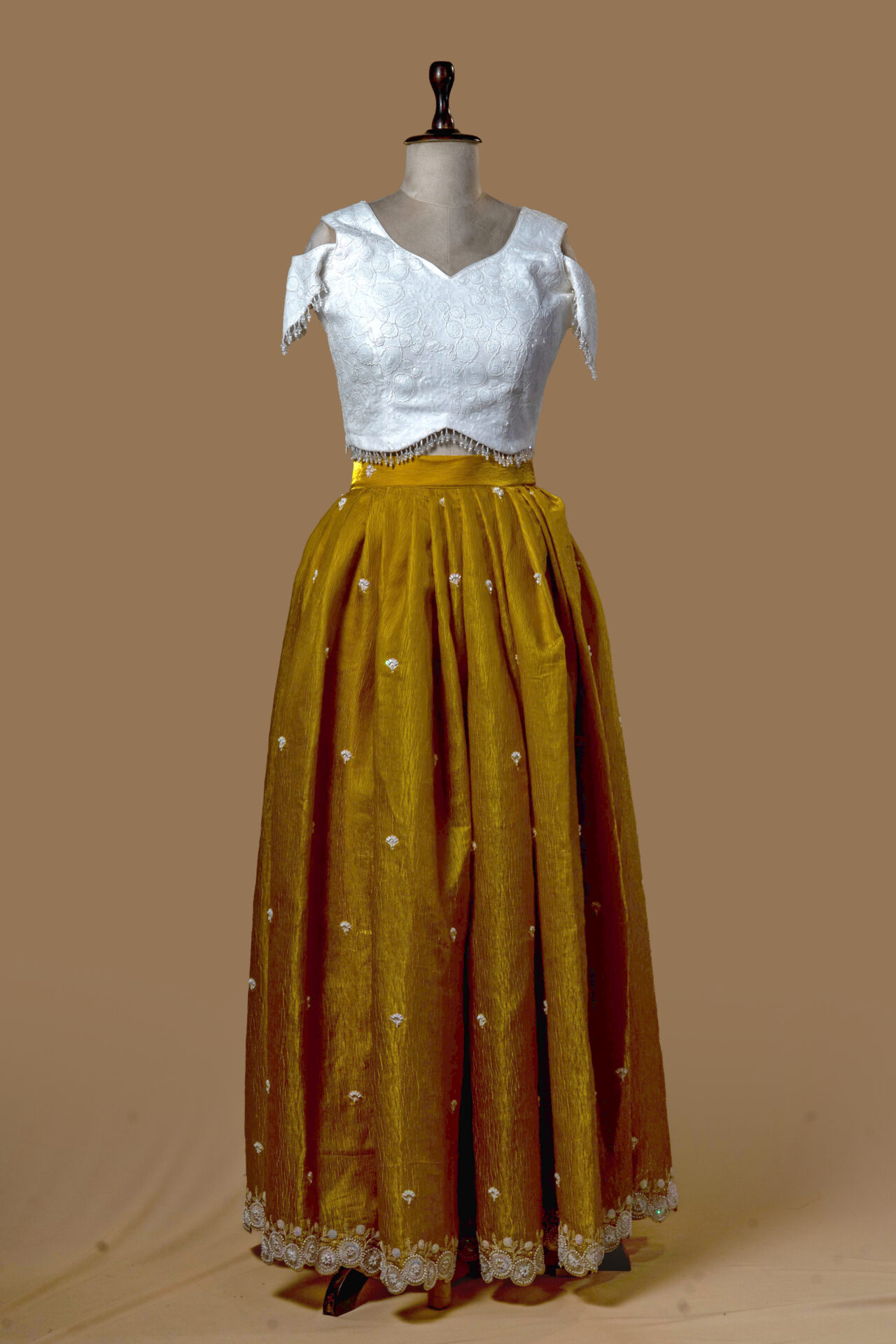 Mustard Yellow Silk Skirt and White Off-Shoulder Crop Top Ensemble