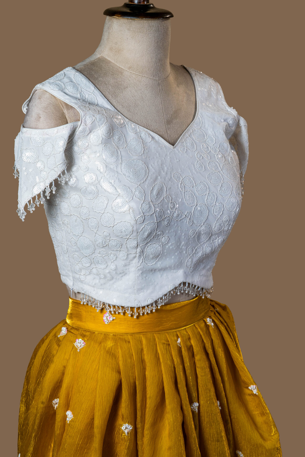 Mustard Yellow Silk Skirt and White Off-Shoulder Crop Top Ensemble - Image 2