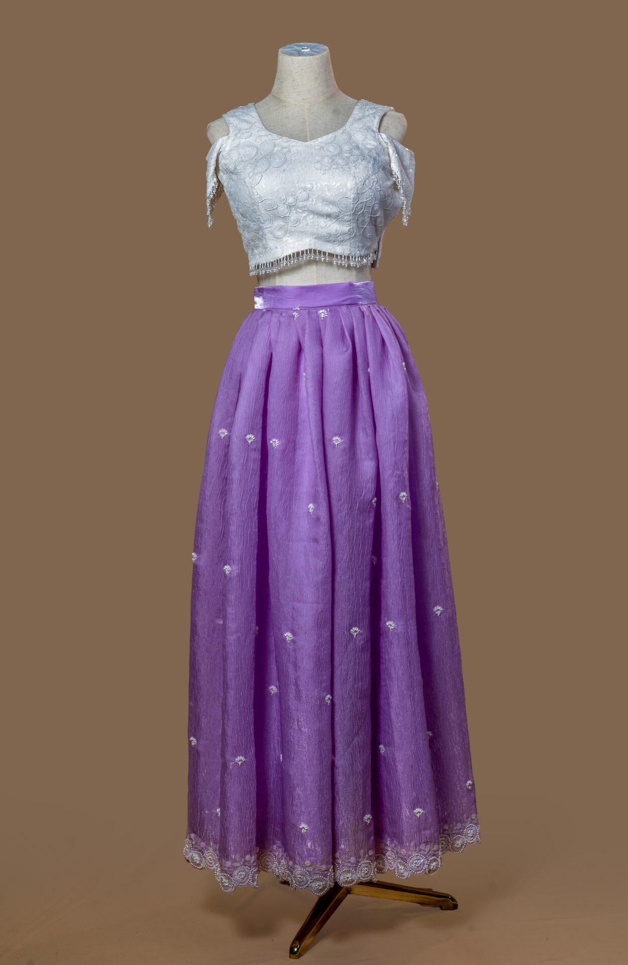 Lavender Silk Skirt and White Embellished Cold-Shoulder Crop Top Set. - Image 3