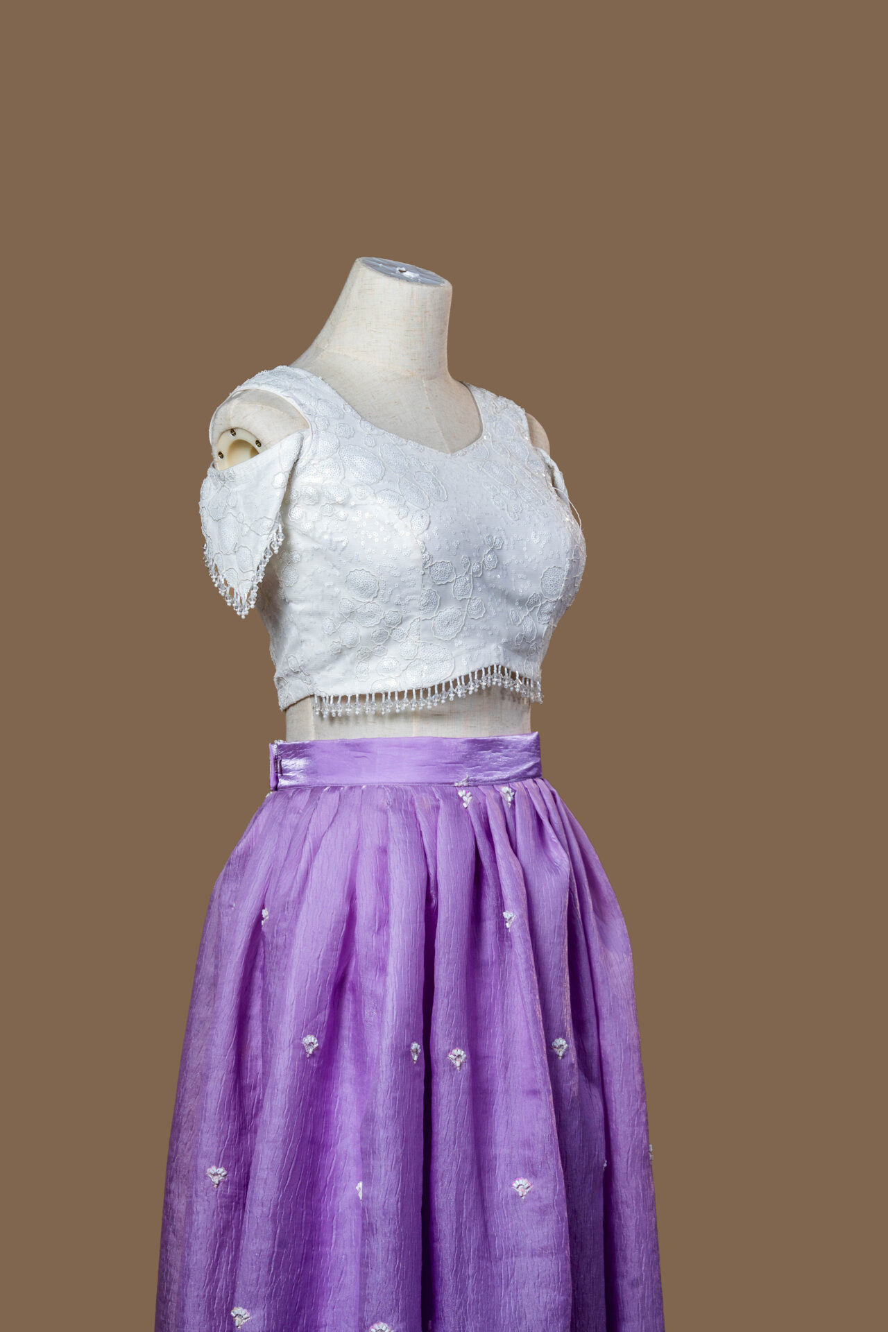 Lavender Silk Skirt and White Embellished Cold-Shoulder Crop Top Set. - Image 2