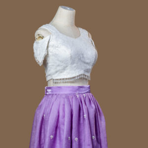 Lavender Silk Skirt and White Embellished Cold-Shoulder Crop Top Set.