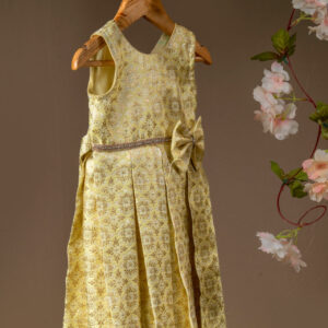 Yellow and Gold Brocade Sleeveless Dress with Embellished Bow