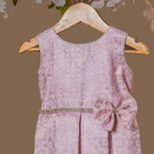 Elegant Pink Brocade Girl's Dress with Gold Weave, Rhinestone Waistband, and Oversized Bow.