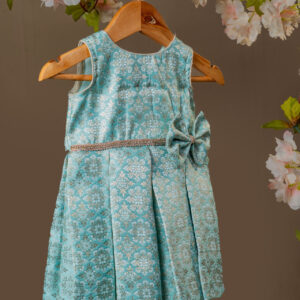 Aqua Blue Brocade Girl's Party Dress with Gold Weave, Crystal Waistband, and Side Bow.