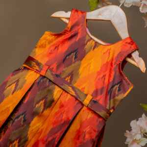 Vibrant Autumn Ikat Print Girl's Dress with Fixed Waist Belt and Pleated Skirt