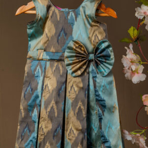 Teal and Earth Tone Ikat Woven Fabric for Pleated Dress