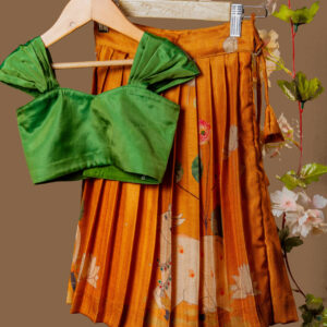 Vibrant Orange Pleated Skirt and Emerald Green Ruffled Crop Top Set
