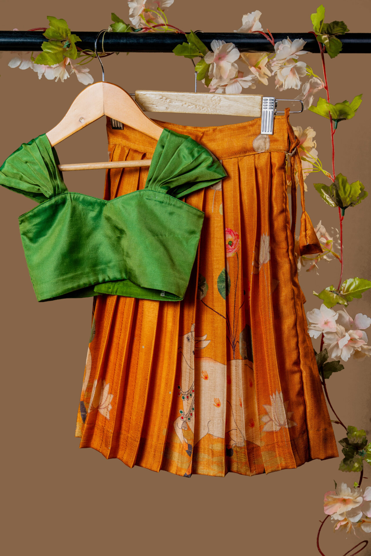Vibrant Orange Pleated Skirt and Emerald Green Ruffled Crop Top Set