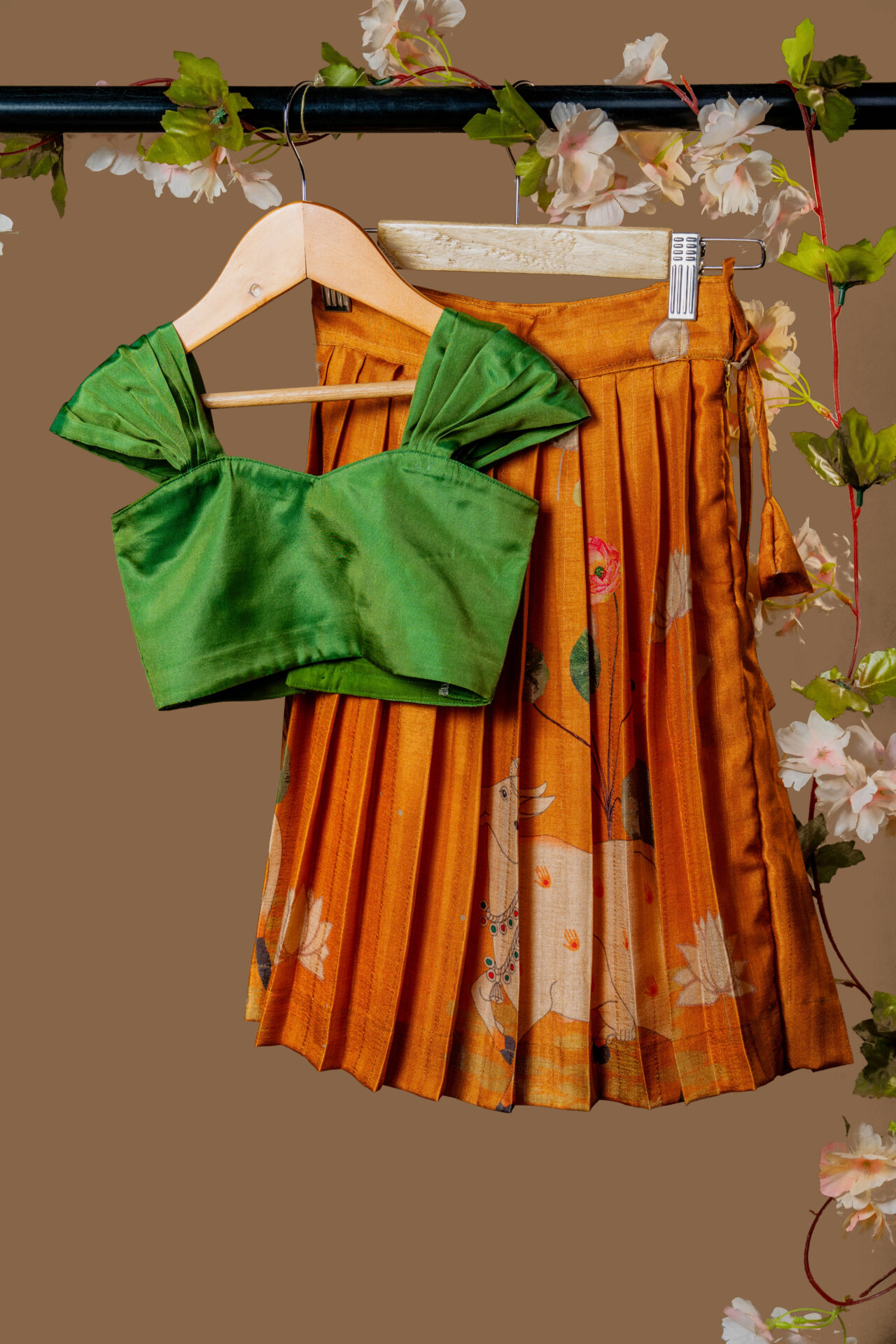 Vibrant Orange Pleated Skirt and Emerald Green Ruffled Crop Top Set - Image 2