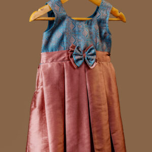 Teal Brocade Girls Dress with Copper Geometric Weave and Silk Bow Detail