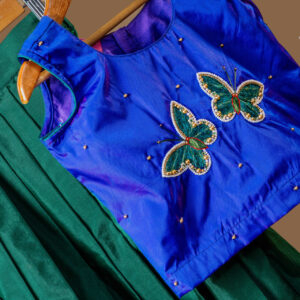 Vibrant Blue and Emerald Green Silk Two-Piece Set for Girls with Embroidered Butterflies