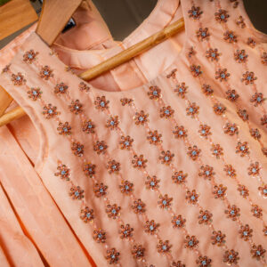 Elegant Peach Sequin Floral Crop Top and Pleated Skirt Set for Girls