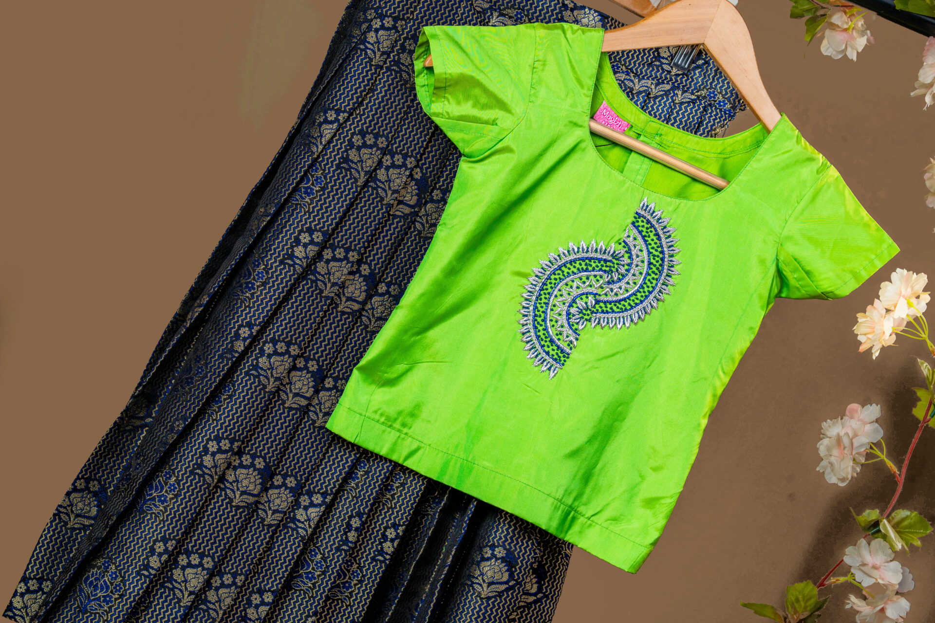 Neon Green Silk Top with Blue Paisley Embroidery and Navy Floral Brocade Skirt Set - Image 2