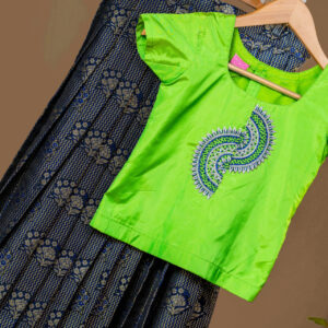 Neon Green Silk Top with Blue Paisley Embroidery and Navy Floral Brocade Skirt Set