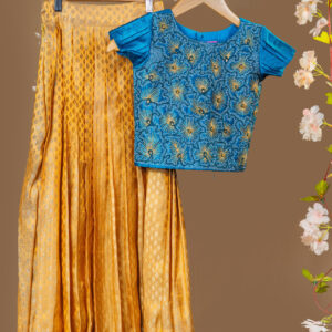 Golden Orange Pleated Brocade Skirt Fabric with Silver/Gold Leaf Pattern