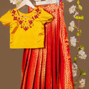 Traditional Gold Mustard Silk Blouse with Red Floral Embroidery and Brocade Skirt Set