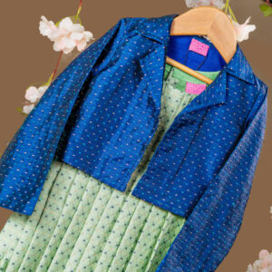 Aqua Green Pleated Dress with Blue Dotted Brocade Crop Jacket Set for Girls.