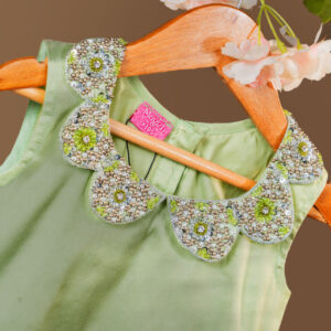 Elegant Sage Green Sleeveless Dress with Scalloped Crystal and Bead Collar