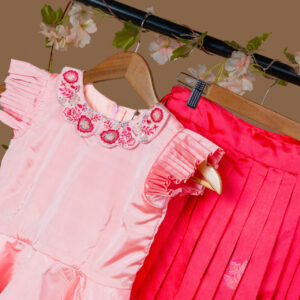 Sweet Pink and Fuchsia Color Block Set with Floral Embroidered Collar and Ruffled Sleeves