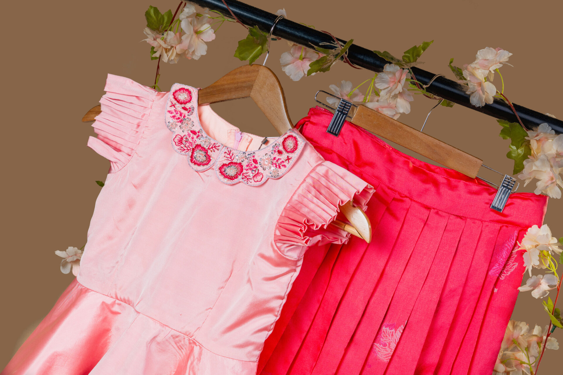 Sweet Pink and Fuchsia Color Block Set with Floral Embroidered Collar and Ruffled Sleeves