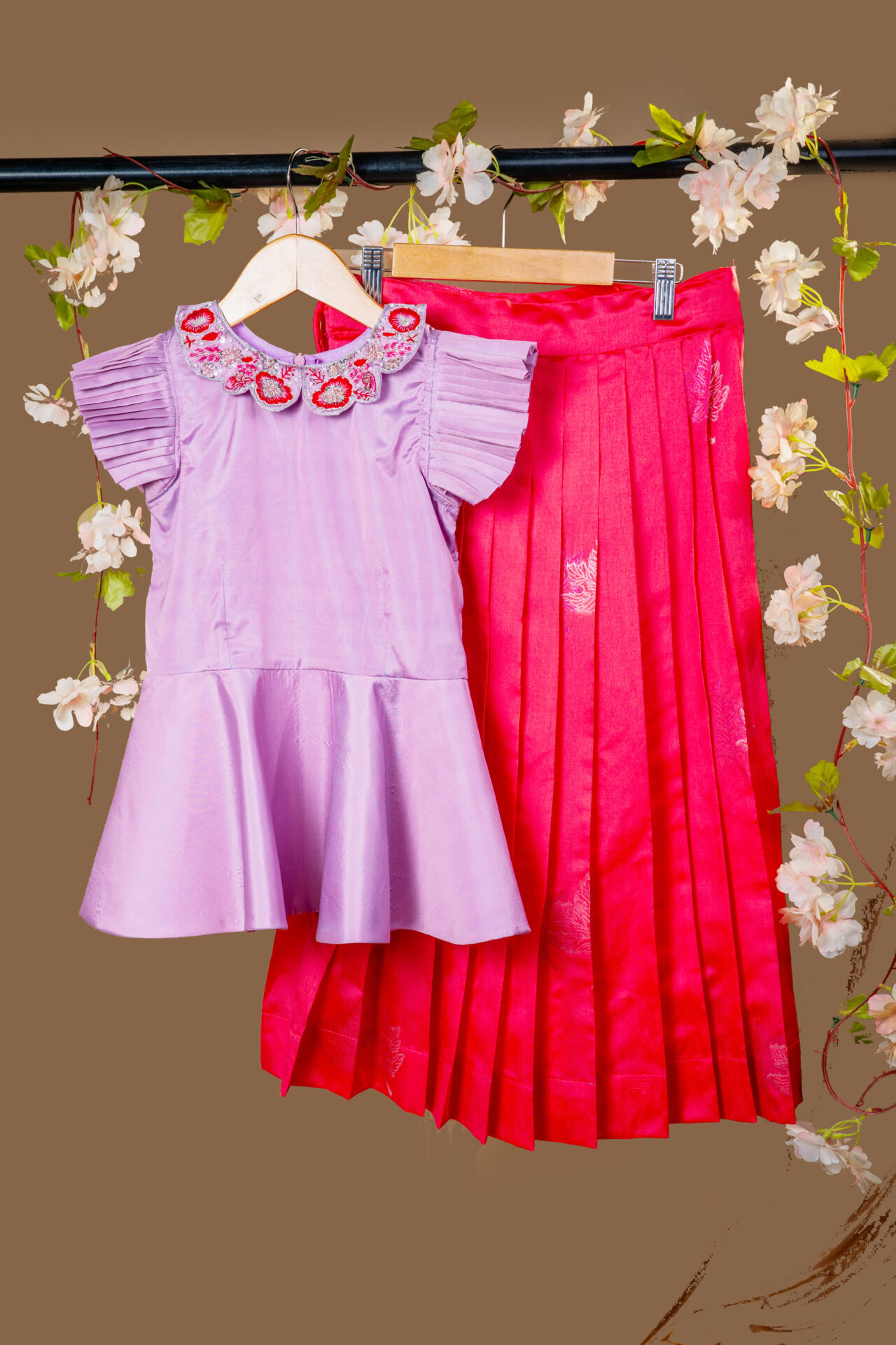 Sweet Pink and Fuchsia Color Block Set with Floral Embroidered Collar and Ruffled Sleeves - Image 3