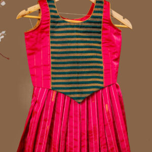 Traditional Magenta Silk Dress with Green and Gold Zari Striped Yoke