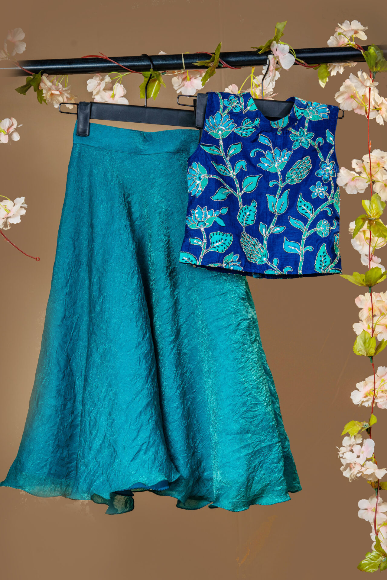 Royal Blue Sleeveless Blouse with Multi-Tone Sequin and Thread Floral Embroidery