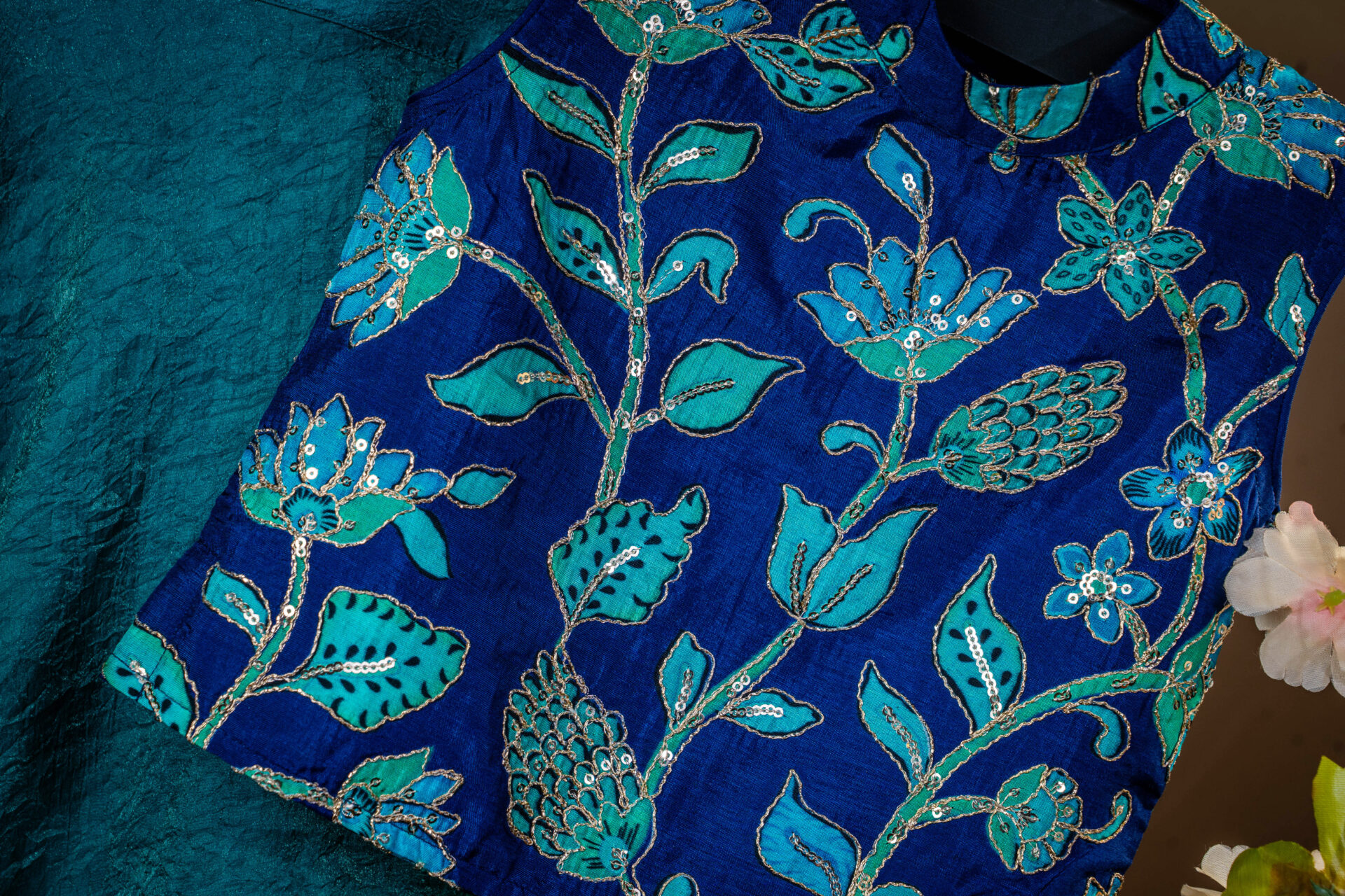Royal Blue Sleeveless Blouse with Multi-Tone Sequin and Thread Floral Embroidery - Image 4