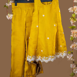Elegant Mustard Yellow Kurta/Tunic with Scalloped White and Silver Hand Embroidery