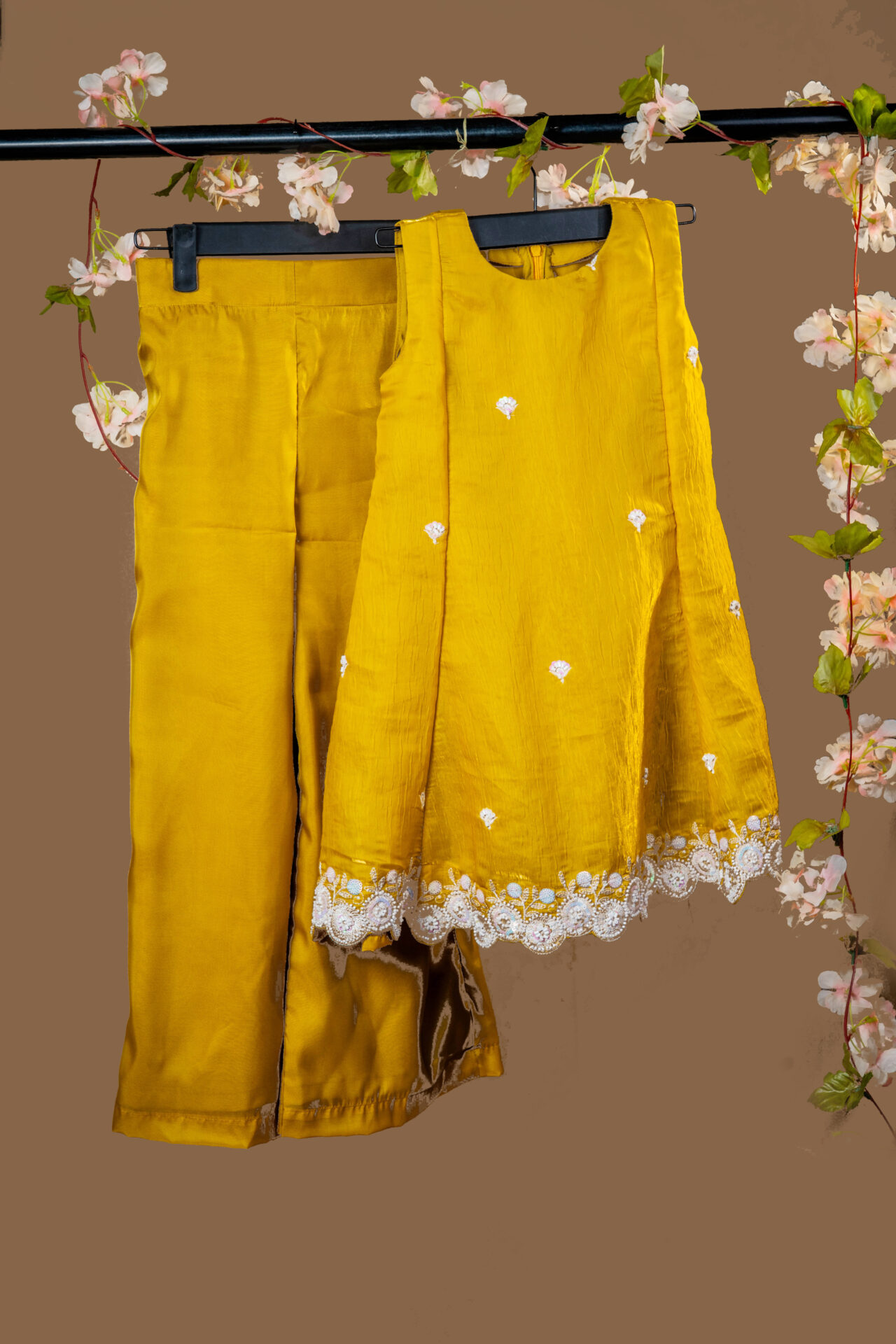 Elegant Mustard Yellow Kurta/Tunic with Scalloped White and Silver Hand Embroidery