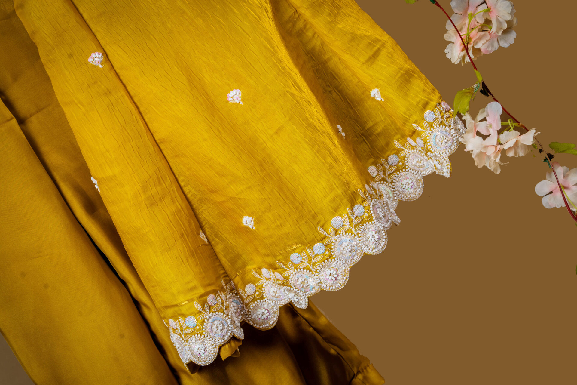Elegant Mustard Yellow Kurta/Tunic with Scalloped White and Silver Hand Embroidery - Image 2