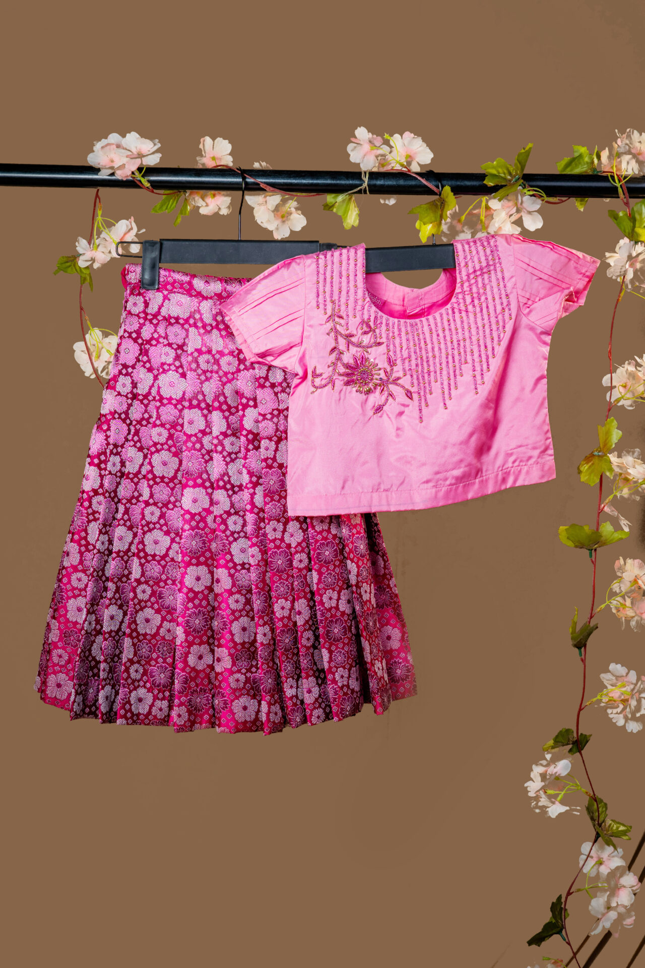 Elegant Pink Brocade Girl's Dress with Gold Weave, Rhinestone Waistband, and Oversized Bow