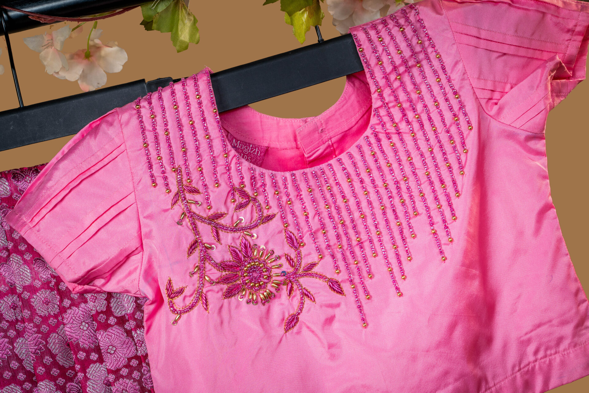 Elegant Pink Brocade Girl's Dress with Gold Weave, Rhinestone Waistband, and Oversized Bow - Image 2