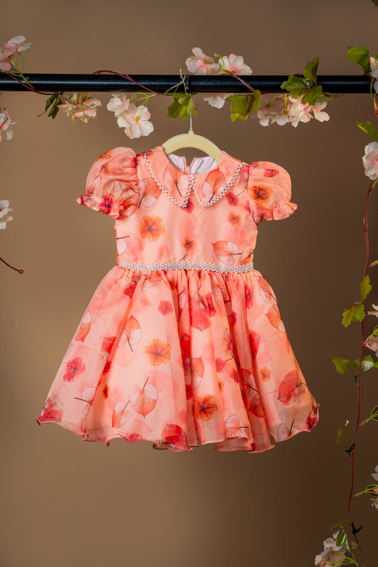 Sweet Peach Floral Organza Dress with Puff Sleeves and Pearl Beaded Collar - Image 2