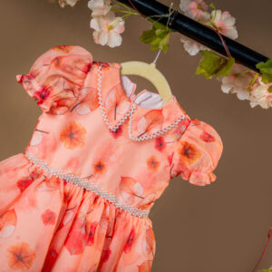 Sweet Peach Floral Organza Dress with Puff Sleeves and Pearl Beaded Collar
