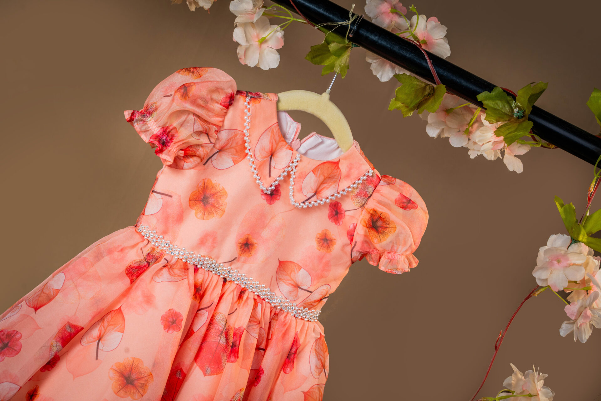Sweet Peach Floral Organza Dress with Puff Sleeves and Pearl Beaded Collar