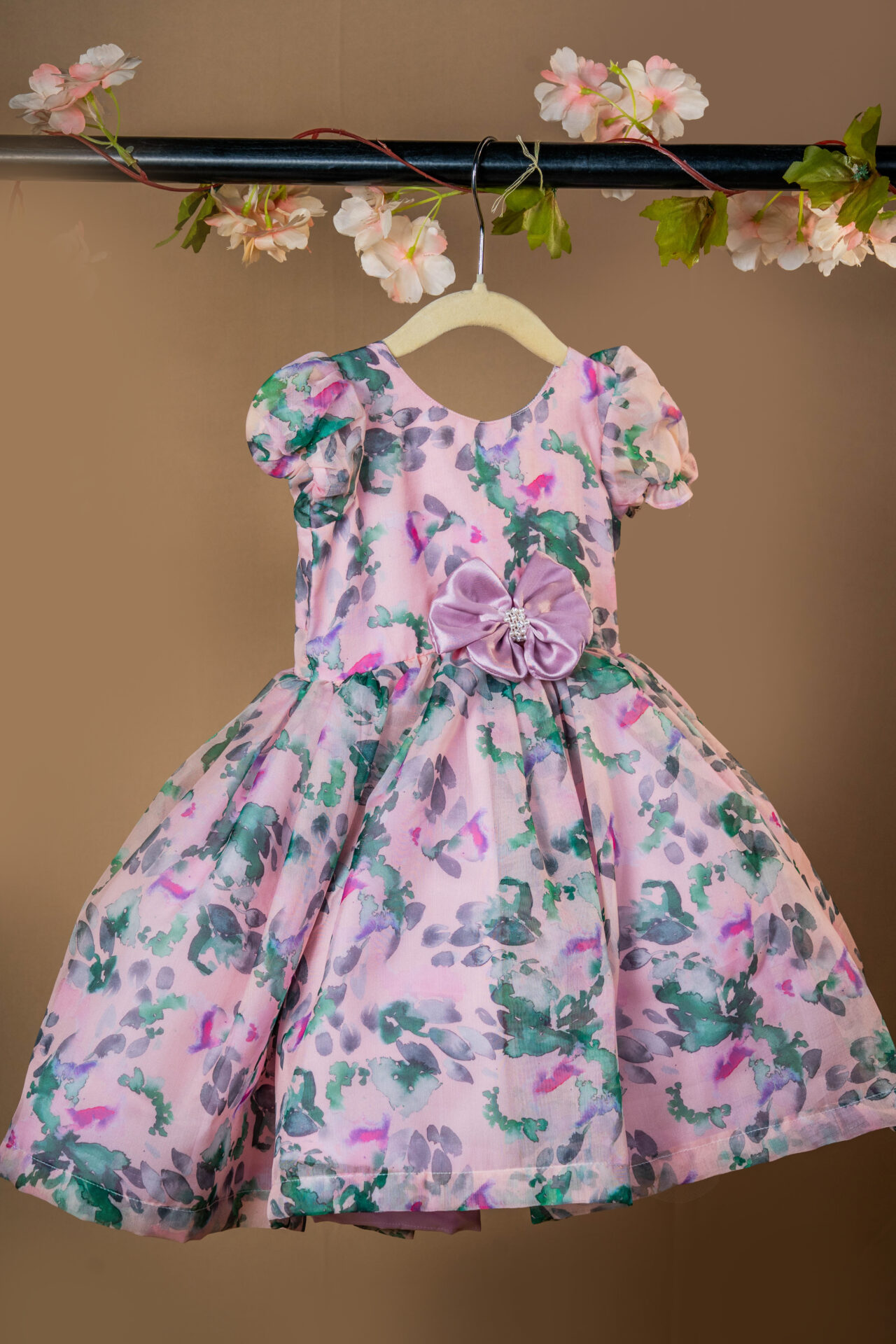 Sweet Pink and Purple Watercolor Floral Organza Dress with Puff Sleeves and Waist Flower - Image 2