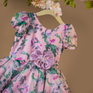 Sweet Pink and Purple Watercolor Floral Organza Dress with Puff Sleeves and Waist Flower