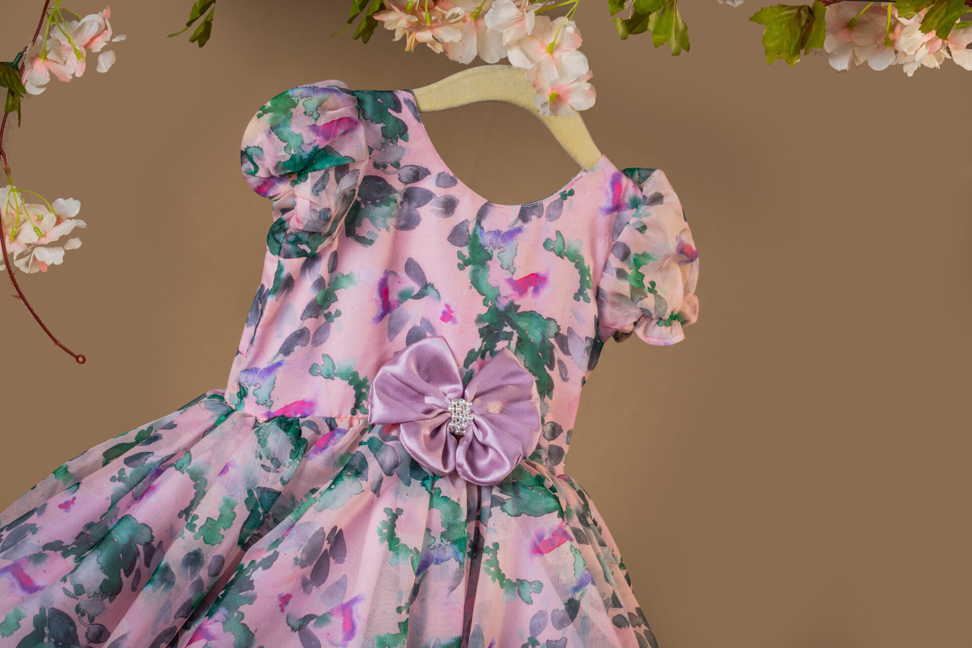 Sweet Pink and Purple Watercolor Floral Organza Dress with Puff Sleeves and Waist Flower